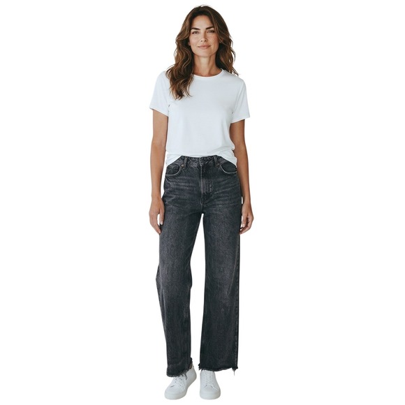 Zara Denim - Zara Womens High Waisted Wide Leg Jeans Faded Black Raw Hem Size 6 MEX 28